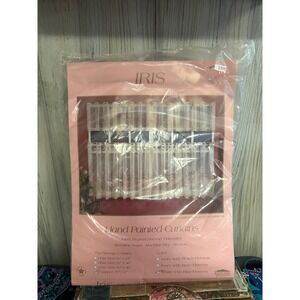 Iris Vintage Hand Painted Lace Window Valance White Blue Flowers 70x12 New